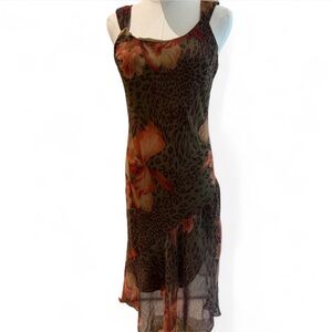 Signature by Sangria Olive Green Midi Dress with Orange Floral Print